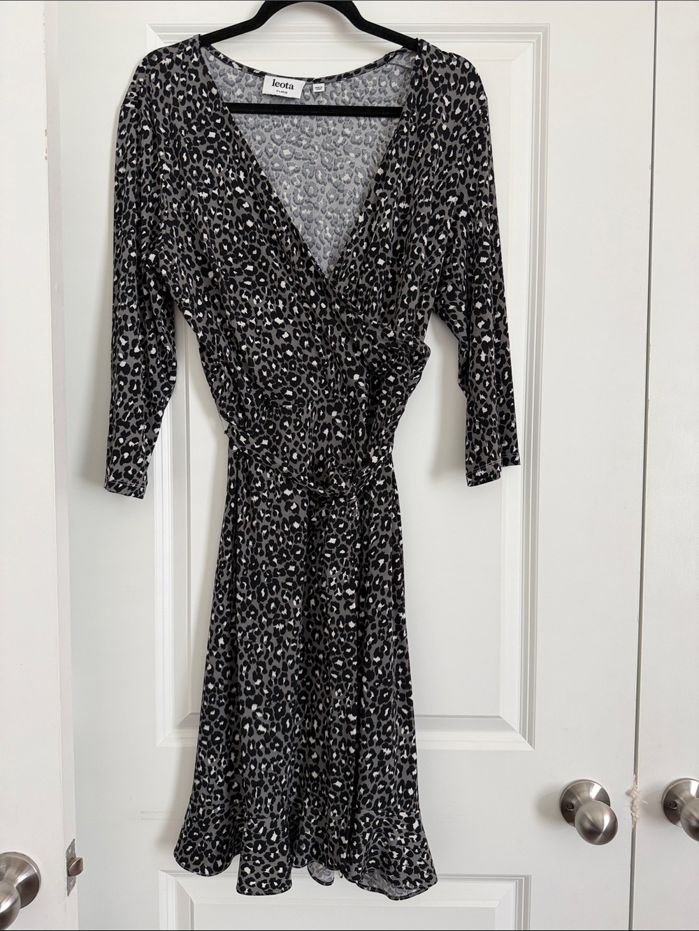 Leota Black and Gray Leopard-Print Faux Wrap Dress